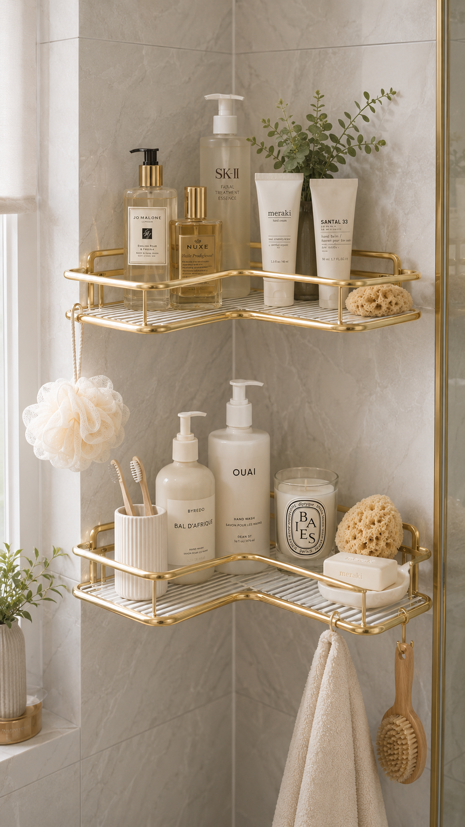 Gold corner shower organizer shelves with bath products, pump bottles, sponge, body brush, towel, plants, marble tile, window light, and glass shower