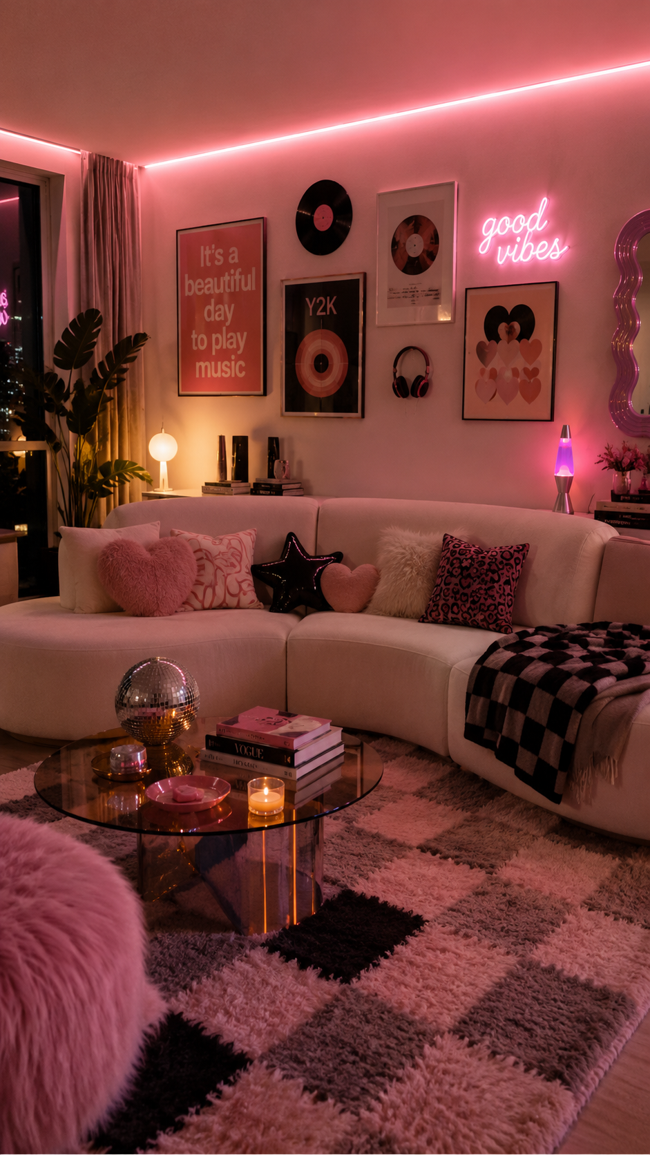Y2K living room ideas with pink LED lighting, curved cream sectional, good vibes neon sign, lava lamp, shag rug, wavy mirror, and disco ball decor