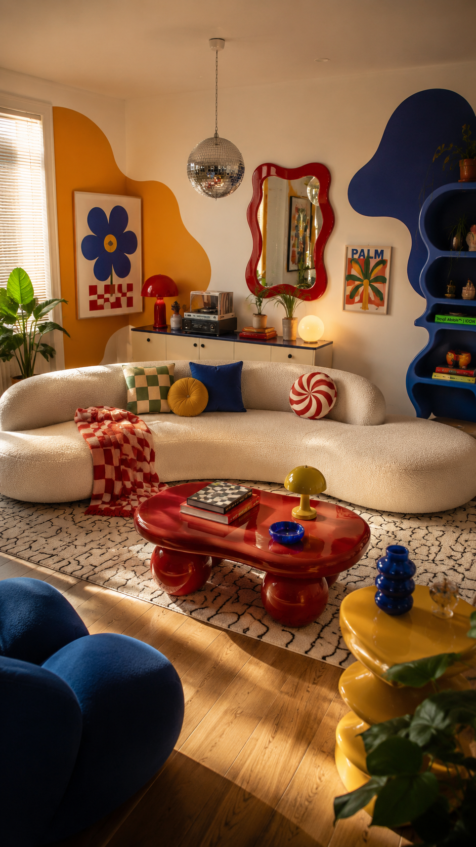 Bold Y2K living room with cream curved sofa, glossy red coffee table, colorful mural wall, disco ball, blue wavy shelf, yellow table, and plants
