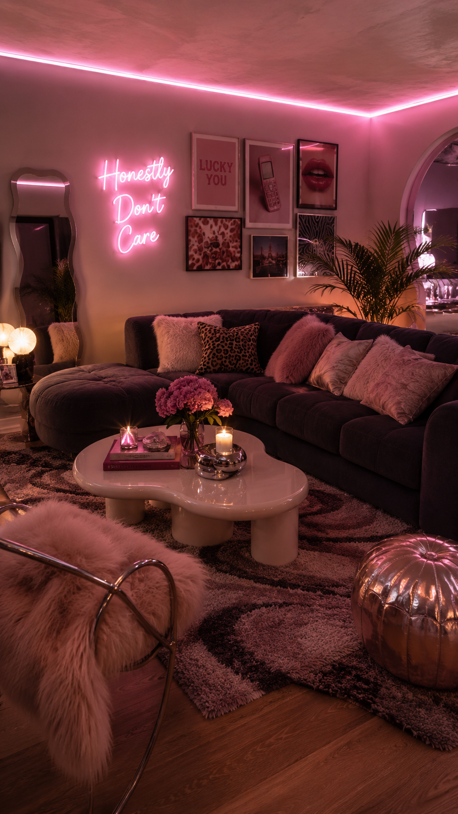 Glamorous Y2K living room with charcoal sectional, pink LED ceiling, neon wall sign, gallery wall, white curved coffee table, silver pouf, and wavy mirror