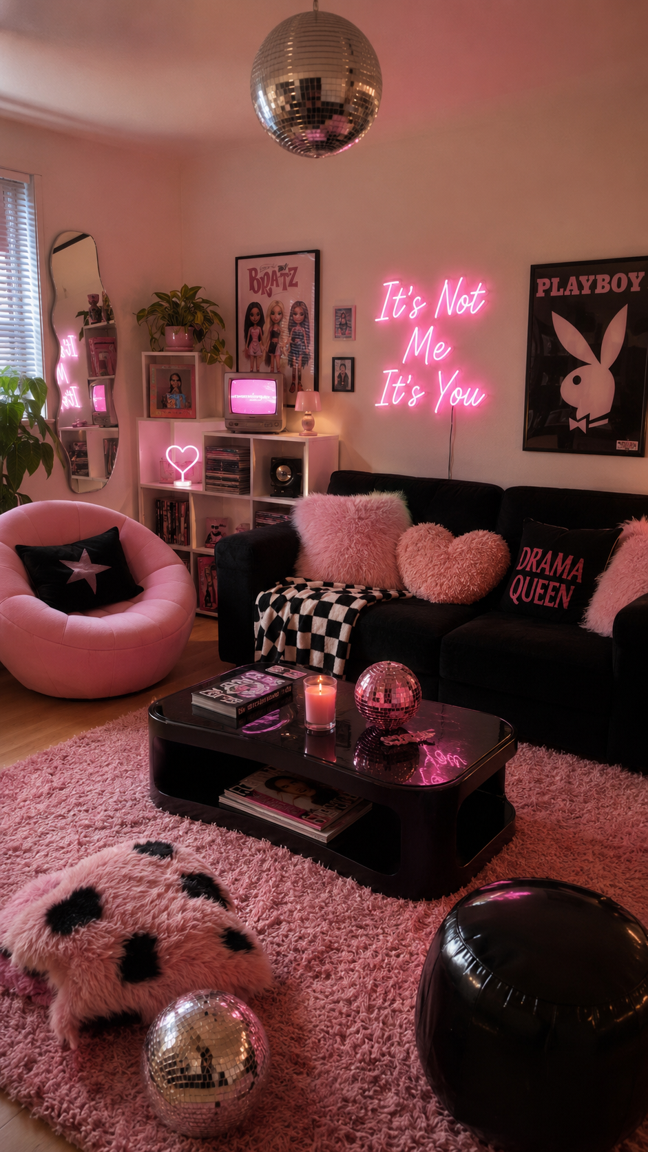 Playful Y2K living room with black sofa, pink chair, drama queen pillow, checkerboard throw, neon sign, Bratz artwork, retro TV, CDs, and disco balls