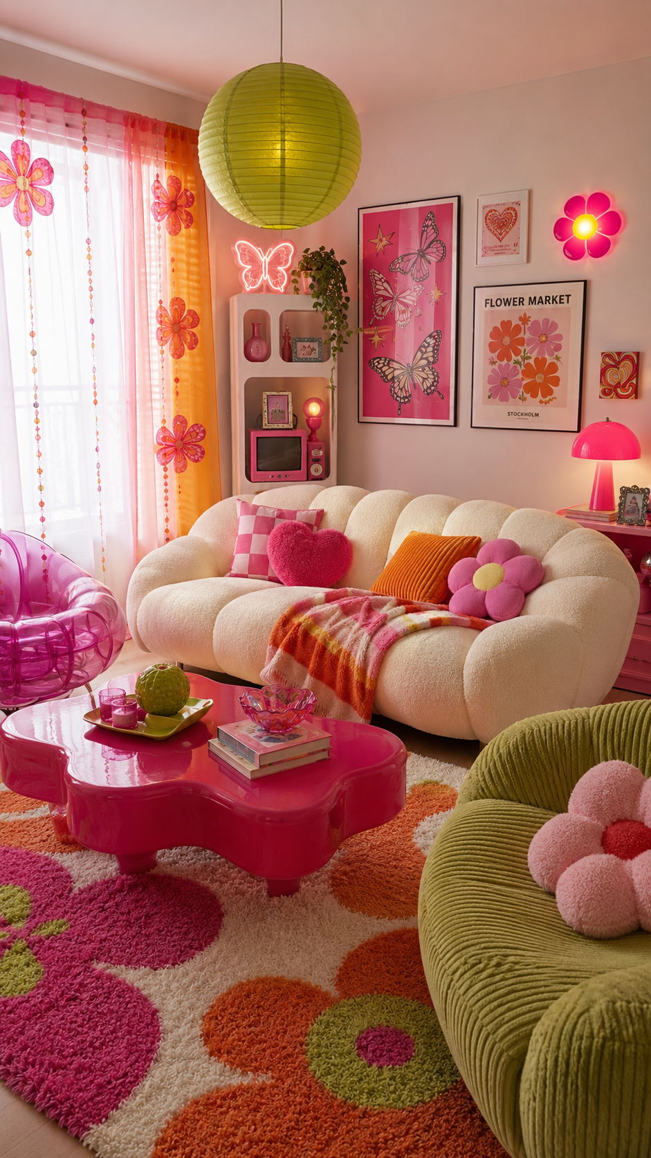 Colorful Y2K living room with cream rounded sofa, hot pink flower coffee table, floral rug, green chair, pink inflatable chair, butterfly wall decor, and beaded curtains