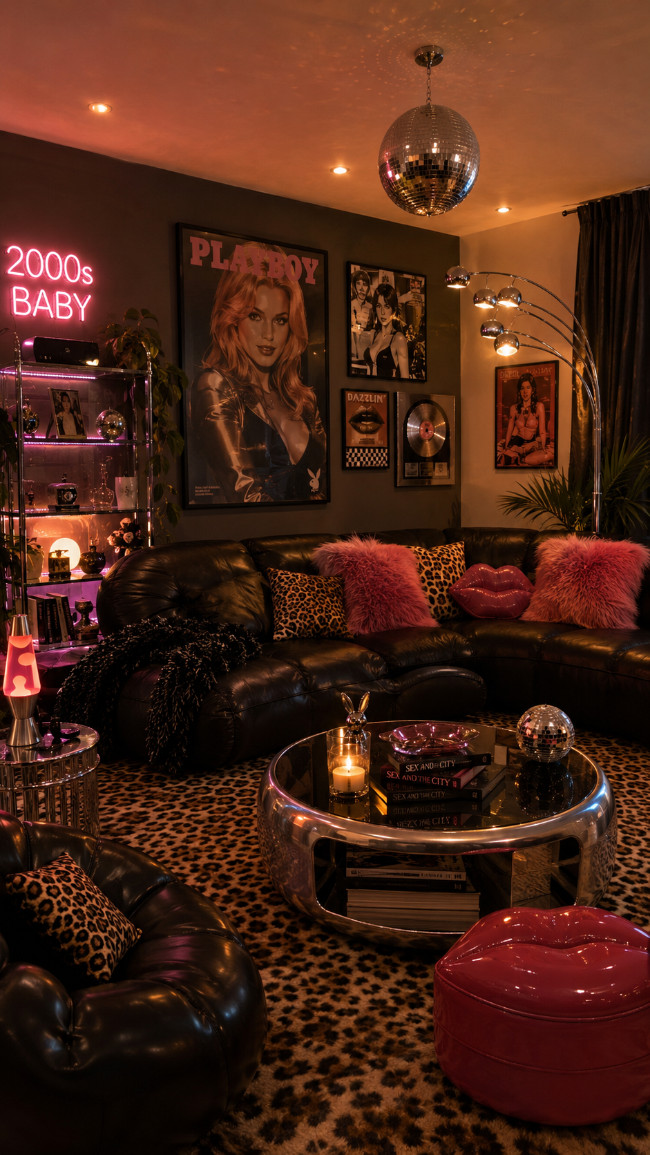 Moody Y2K living room with black leather sectional, pink pillows, leopard rug, chrome coffee table, 2000s Baby neon sign, gallery wall, lava lamp, and disco ball