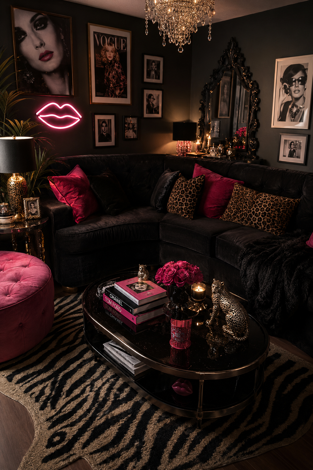 Dark glam Y2K living room with black velvet sectional, pink lips neon sign, zebra rug, fashion gallery wall, black coffee table, pink roses, chandelier, and plants