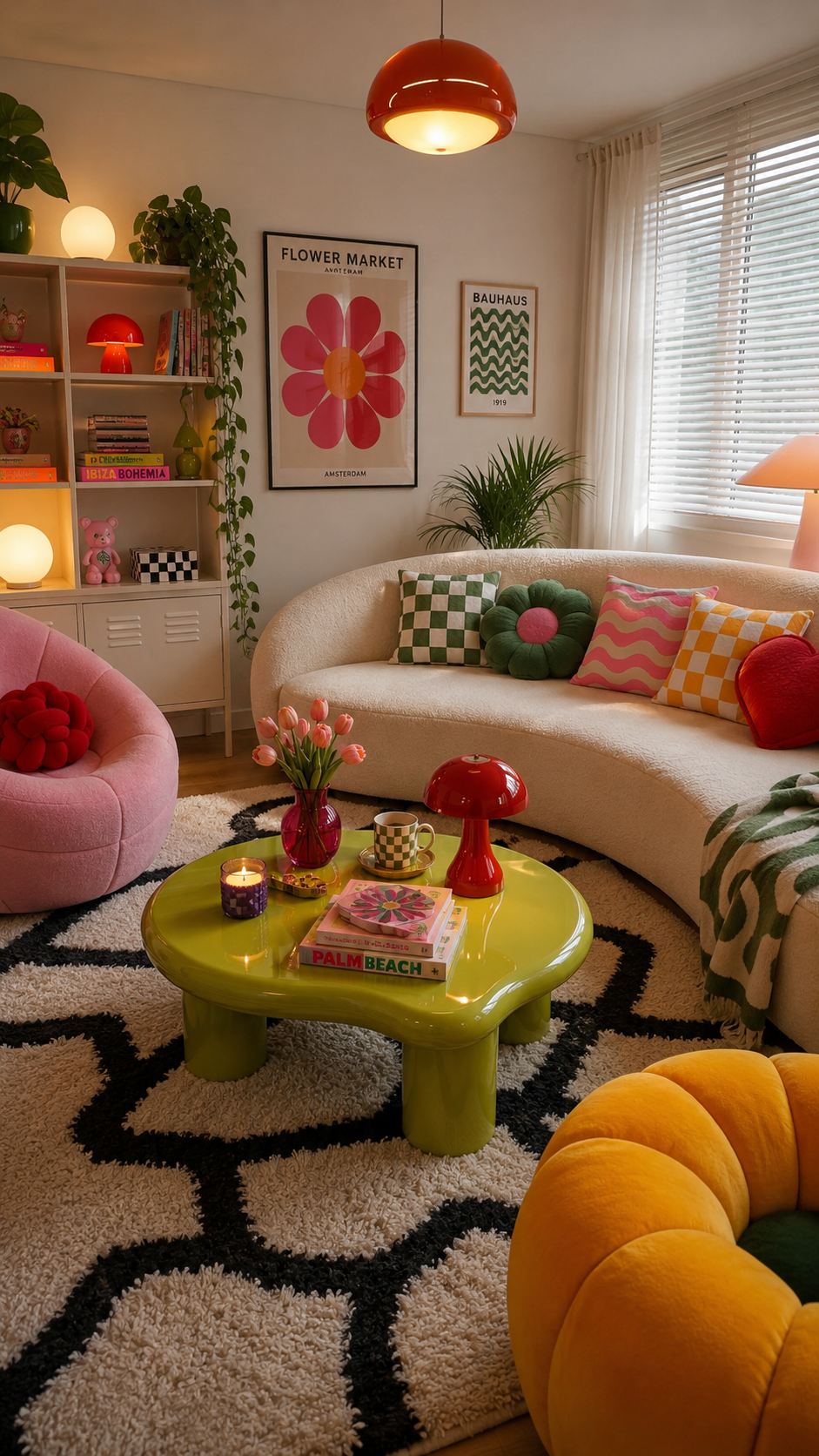 Bright Y2K living room with curved cream sofa, lime green coffee table, colorful pillows, pink chair, orange pendant light, flower market print, plants, and open shelving