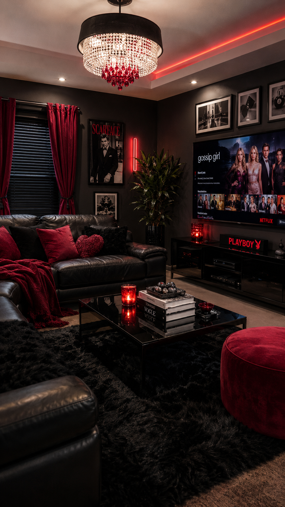 Black and red Y2K living room with leather sectional, ruby pillows, media wall, black coffee table, red ottoman, red LED ceiling, chandelier, curtains, and TV