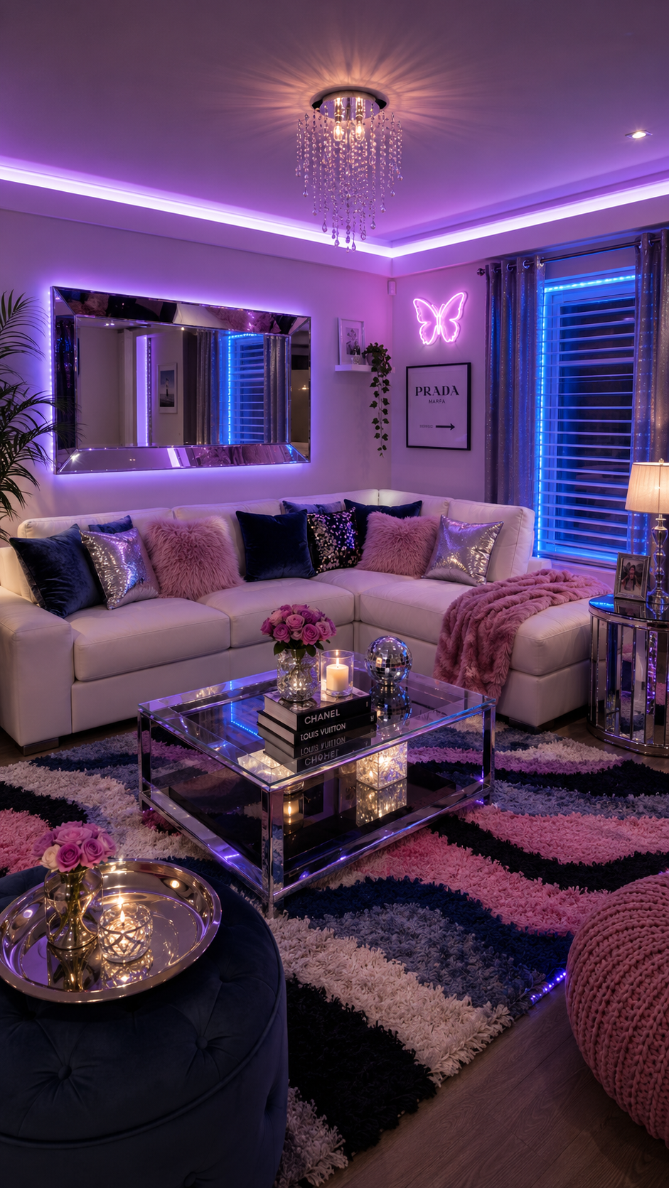 Glam Y2K living room with white sectional, violet and blue LED lighting, chrome coffee table, neon butterfly, mirrored accents, crystal chandelier, and shag rug