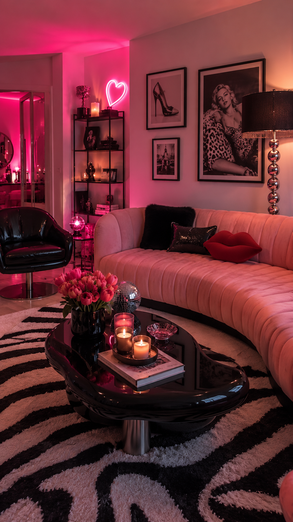 Pink glam Y2K living room with curved blush sofa, black organic coffee table, zebra rug, fashion gallery wall, neon heart sign, chrome lamp, and mirrored doors