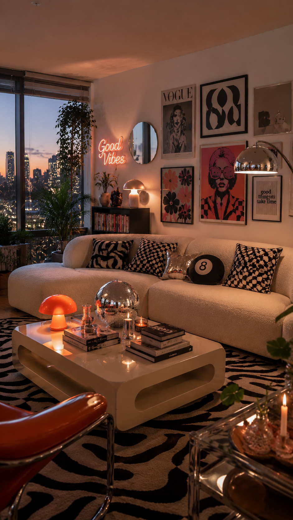 City apartment Y2K living room with cream curved sofa, gallery wall, Good Vibes neon sign, zebra rug, disco ball, chrome floor lamp, orange chair, and skyline view