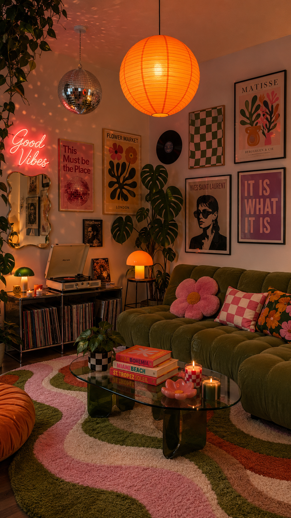 Music-inspired Y2K living room with olive green sofa, record player, gallery wall, orange pendant light, wavy rug, disco ball, Good Vibes neon sign, and plants