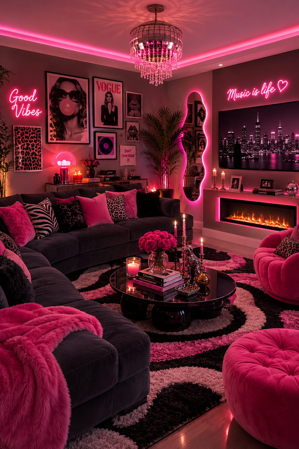 Electric pink Y2K living room with charcoal sectional, pink chairs, neon signs, fashion gallery wall, fireplace, wavy mirror, chandelier, shag rug, and palms