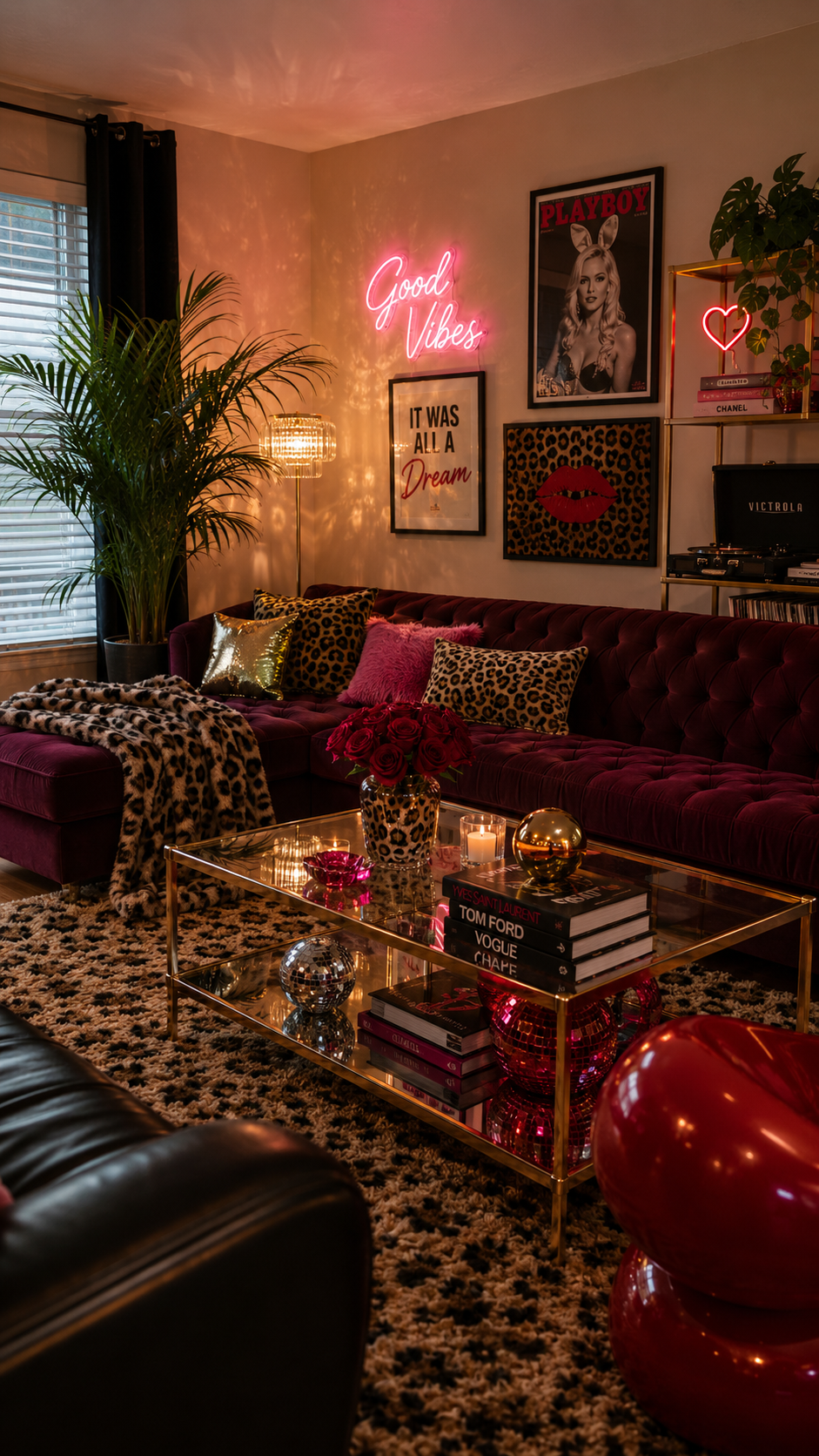 Burgundy Y2K living room with tufted sectional, leopard pillows, Good Vibes neon sign, glass coffee table, record player, gold accents, plants, and warm lighting