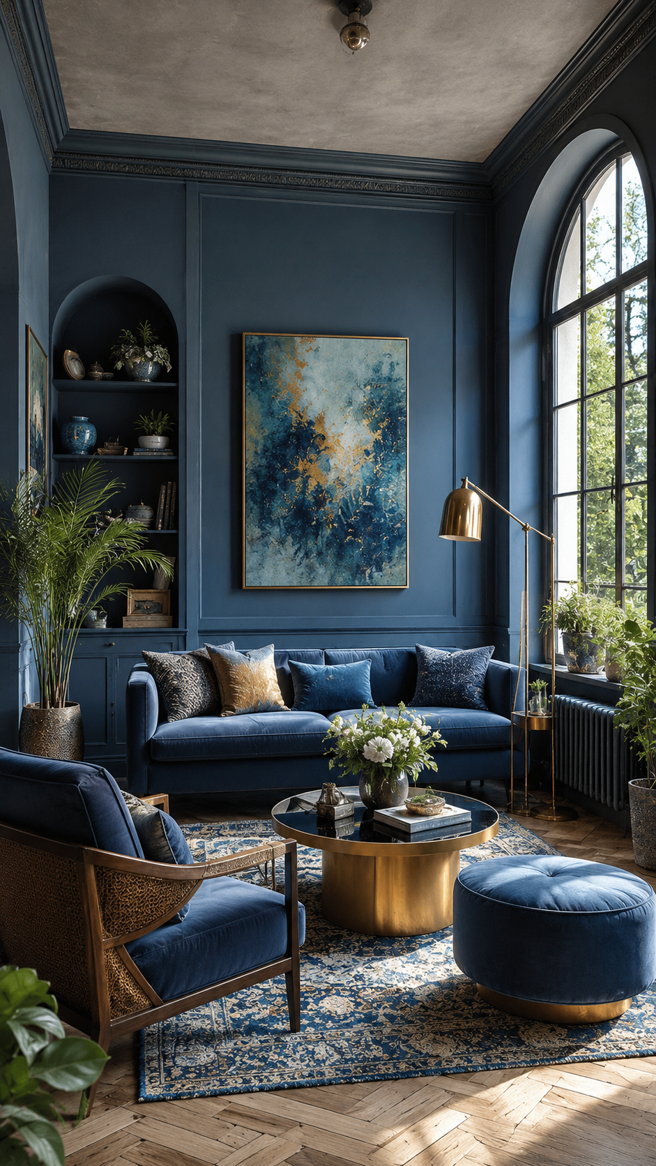 Blue living room ideas with deep blue paneled walls, velvet sofa, brass coffee table, arched window, built-in shelves, plants, and patterned rug