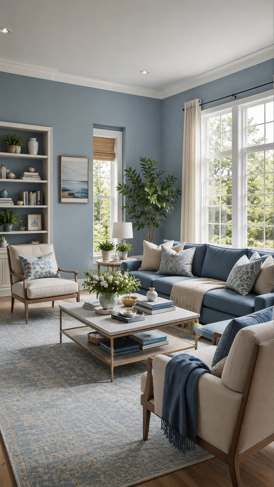 Soft blue living room with muted blue walls, blue sofa, cream armchairs, ivory curtains, built-in shelves, pale blue rug, plants, and coffee table