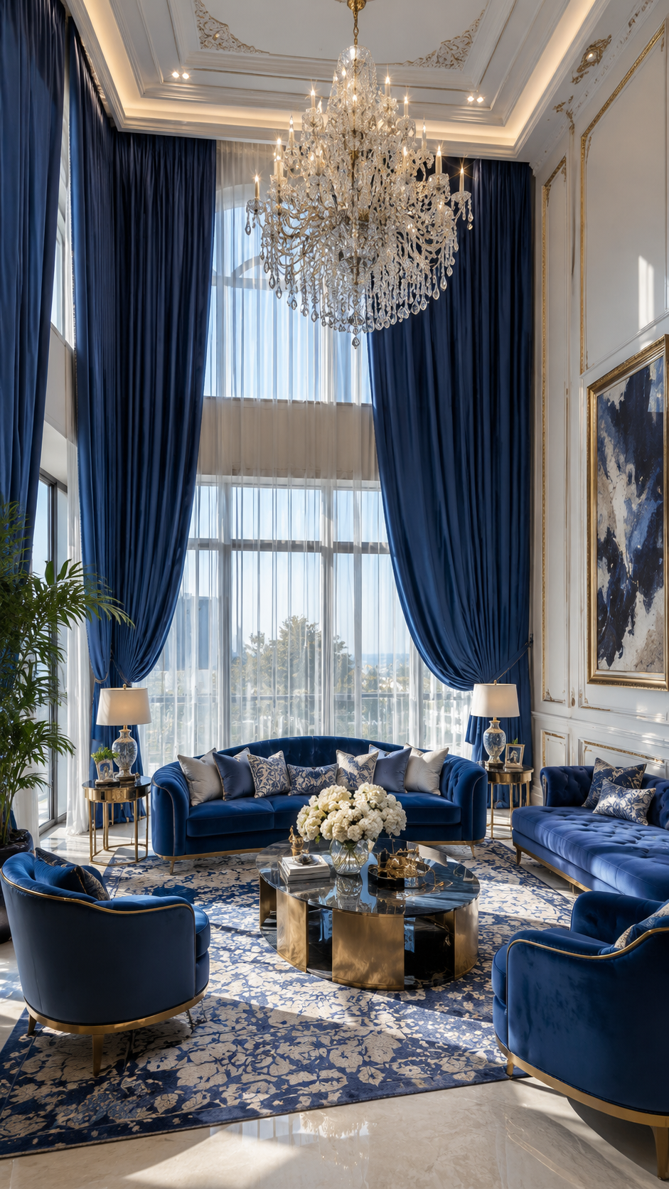 Grand sapphire blue living room with double-height window, blue velvet sofa, crystal chandelier, navy curtains, gold accents, marble floor, and patterned rug