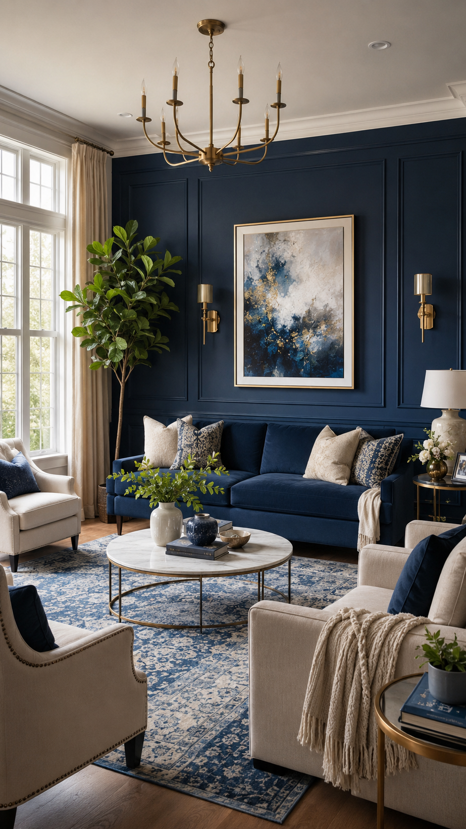 Navy paneled living room with cream armchairs, blue sofa, brass sconces, chandelier, round marble coffee table, abstract artwork, indoor tree, and blue rug
