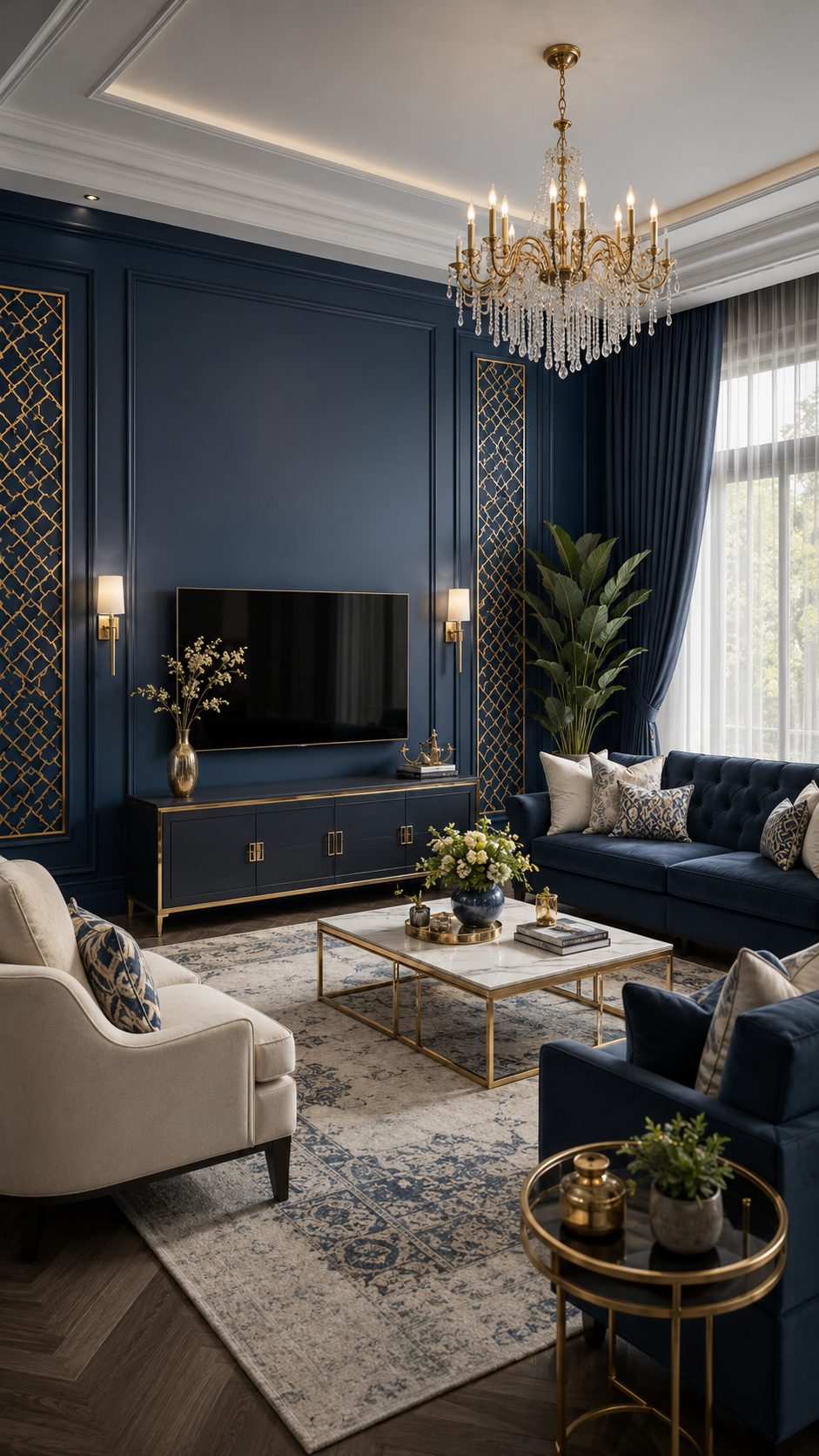 Navy blue living room with media wall, gold lattice details, mounted TV, navy console, tufted blue sofa, cream chairs, chandelier, and blue rug