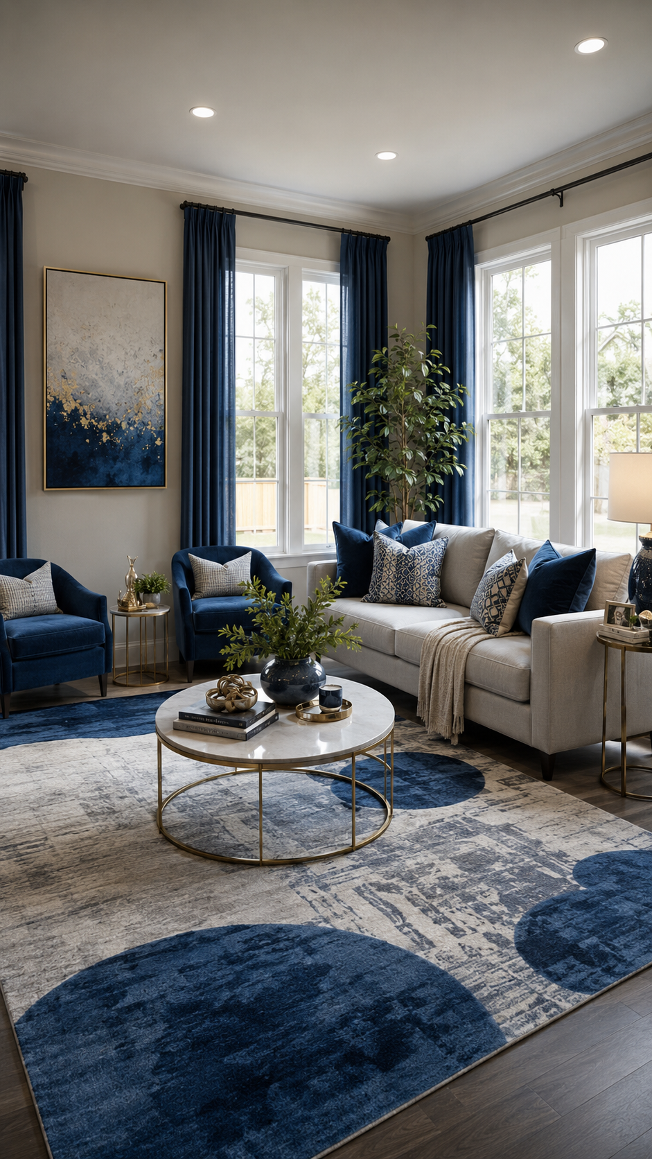 Neutral living room with navy blue accents, cream sofa, blue armchairs, navy curtains, round gold coffee table, abstract rug, wall art, and plants