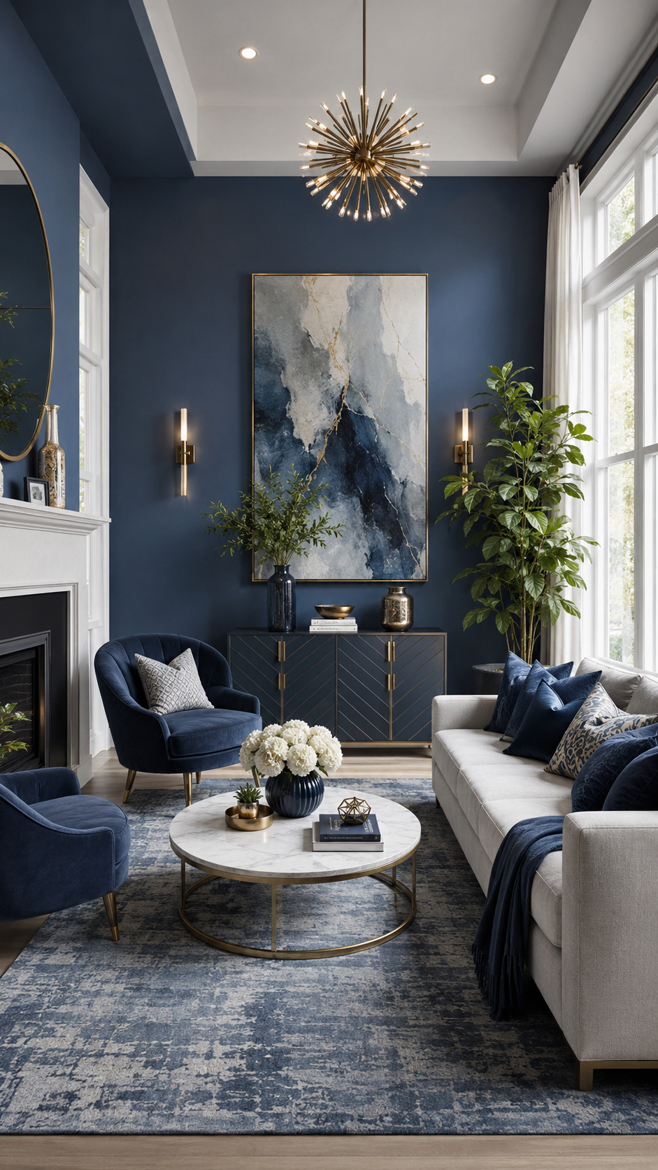 Blue living room with navy accent wall, cream sofa, blue velvet chairs, brass sconces, dark blue cabinet, marble coffee table, white fireplace, and chandelier