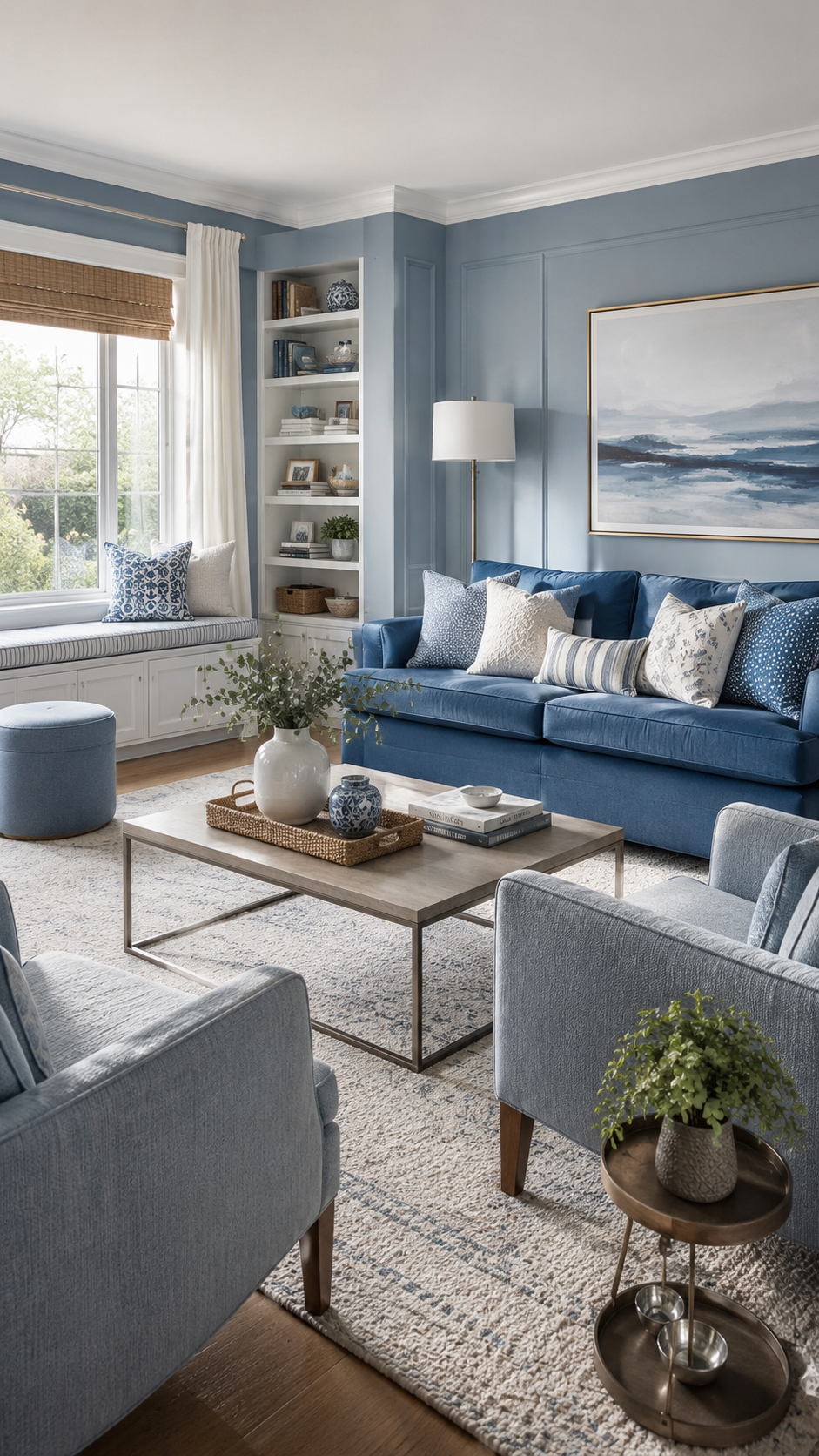Soft blue living room with blue-gray walls, blue sofa, blue armchairs, built-in bookcase, window seat, coastal artwork, bamboo shade, and pale blue rug