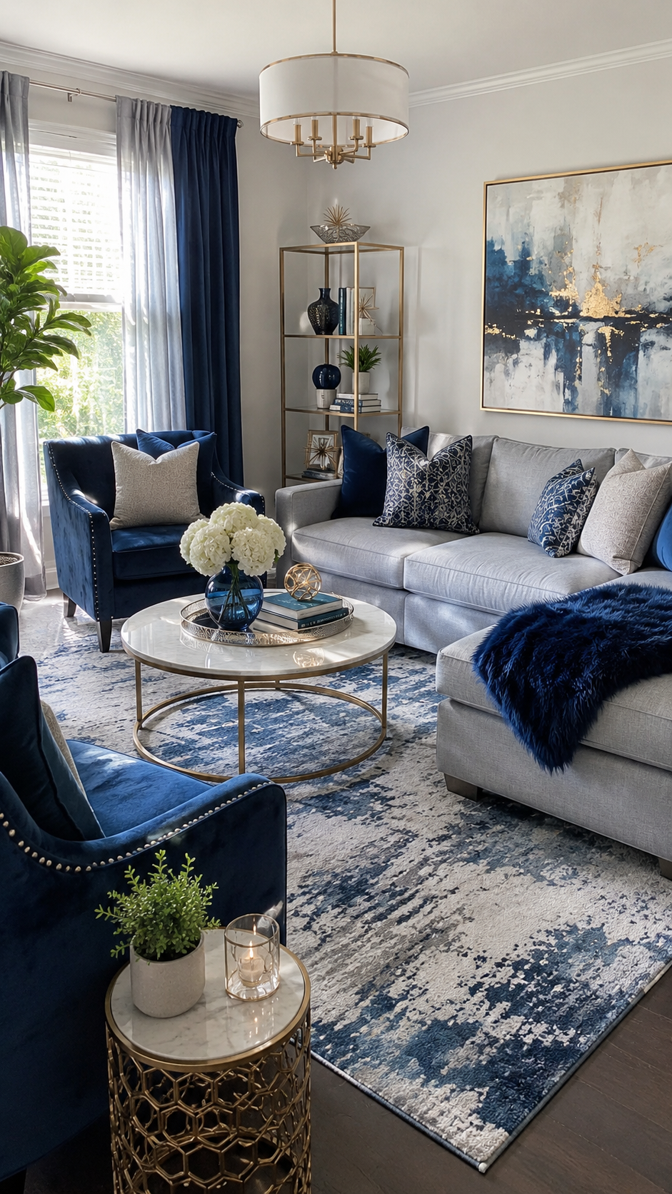 Elegant blue living room with light gray sectional, navy throw, blue velvet armchairs, gold coffee table, open shelving, abstract artwork, navy curtains, and pendant light