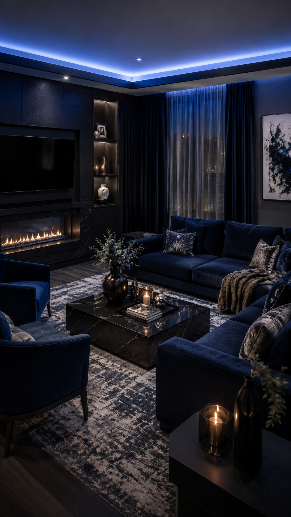 Moody blue living room with dark navy sofas, fireplace media wall, blue LED ceiling lighting, black marble coffee table, navy curtains, built-in shelves, and rug