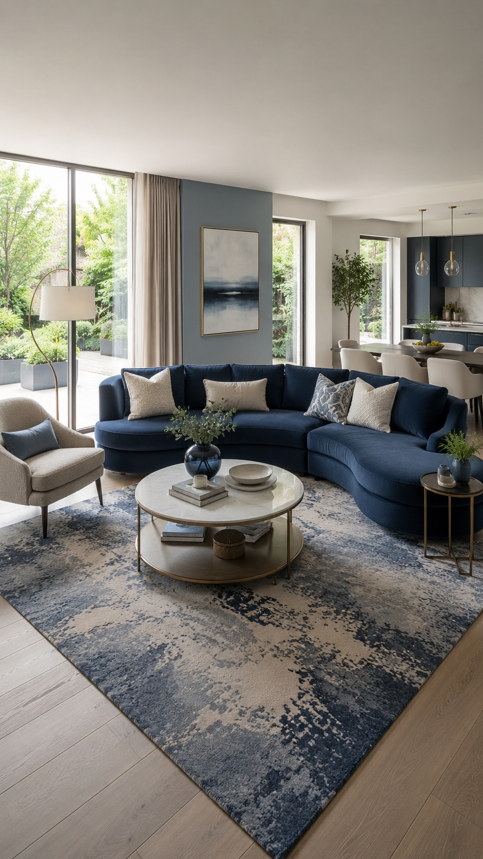 Open-plan blue living room with curved navy sectional, cream armchair, garden view, round brass coffee table, blue abstract rug, taupe curtains, and dining area
