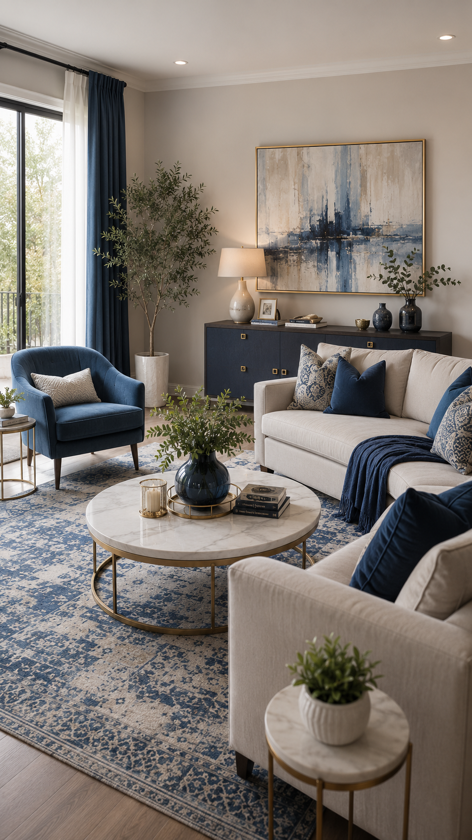 Blue living room with cream sofas, navy armchair, dark blue console cabinet, abstract wall art, navy curtains, gold coffee table, plants, and traditional rug