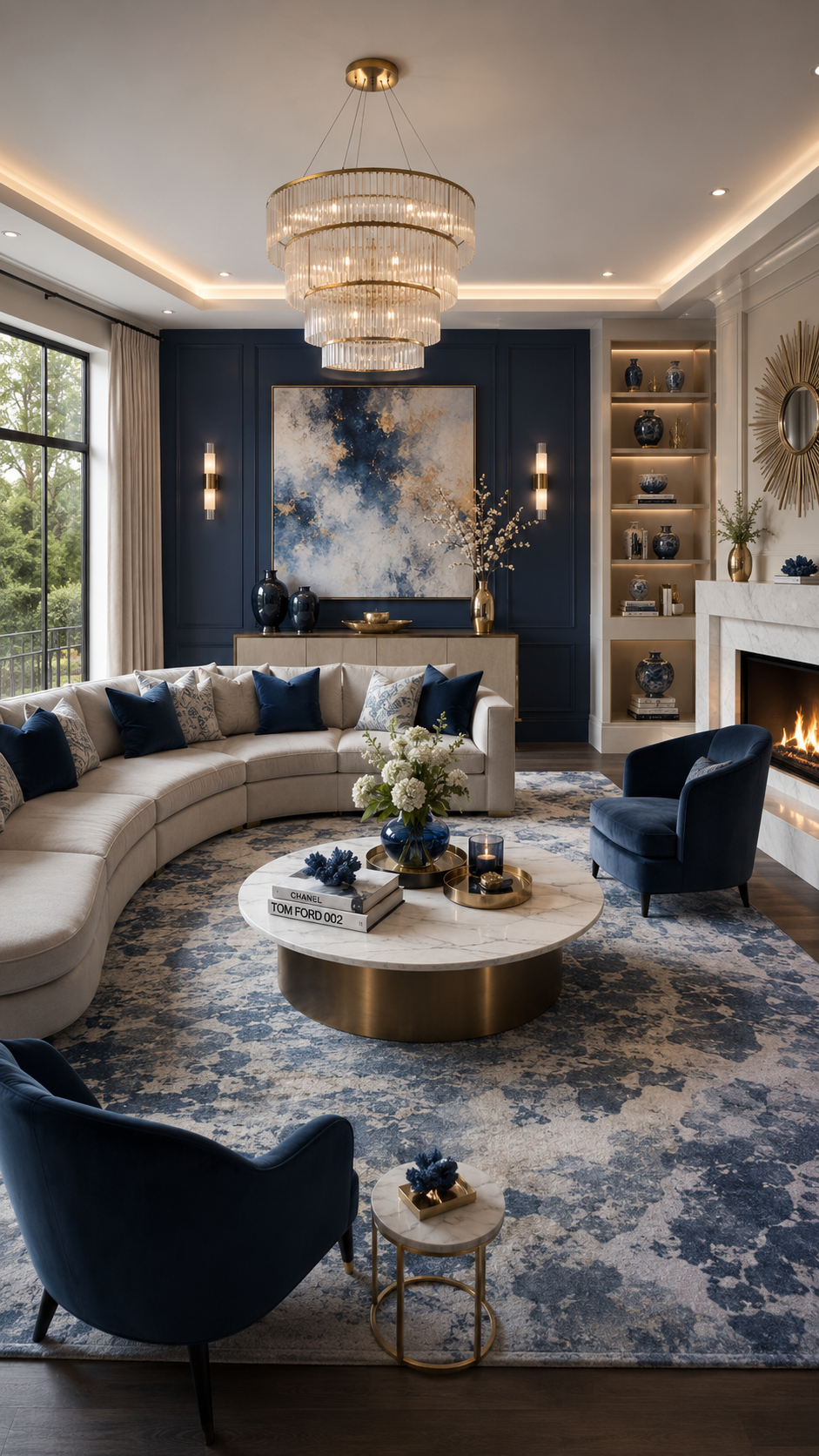 Luxury blue living room with curved cream sectional, navy accent wall, blue armchairs, marble fireplace, round brass coffee table, chandelier, gold mirror, and built-in shelves