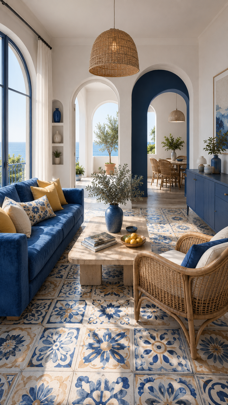 Coastal blue living room with cobalt sofa, rattan chair, patterned tile floor, arched windows, woven pendant, navy cabinet, white walls, and sea view