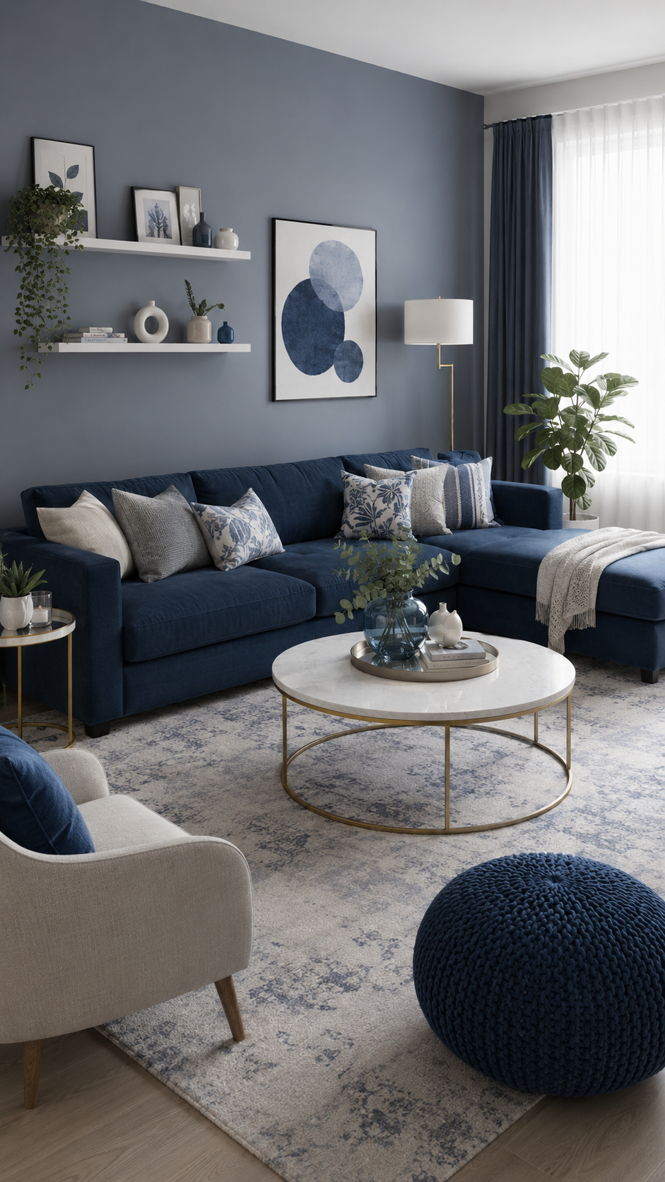Relaxed blue living room with navy sectional, blue-gray wall, floating shelves, round marble coffee table, cream armchair, knitted pouf, navy curtains, and plants