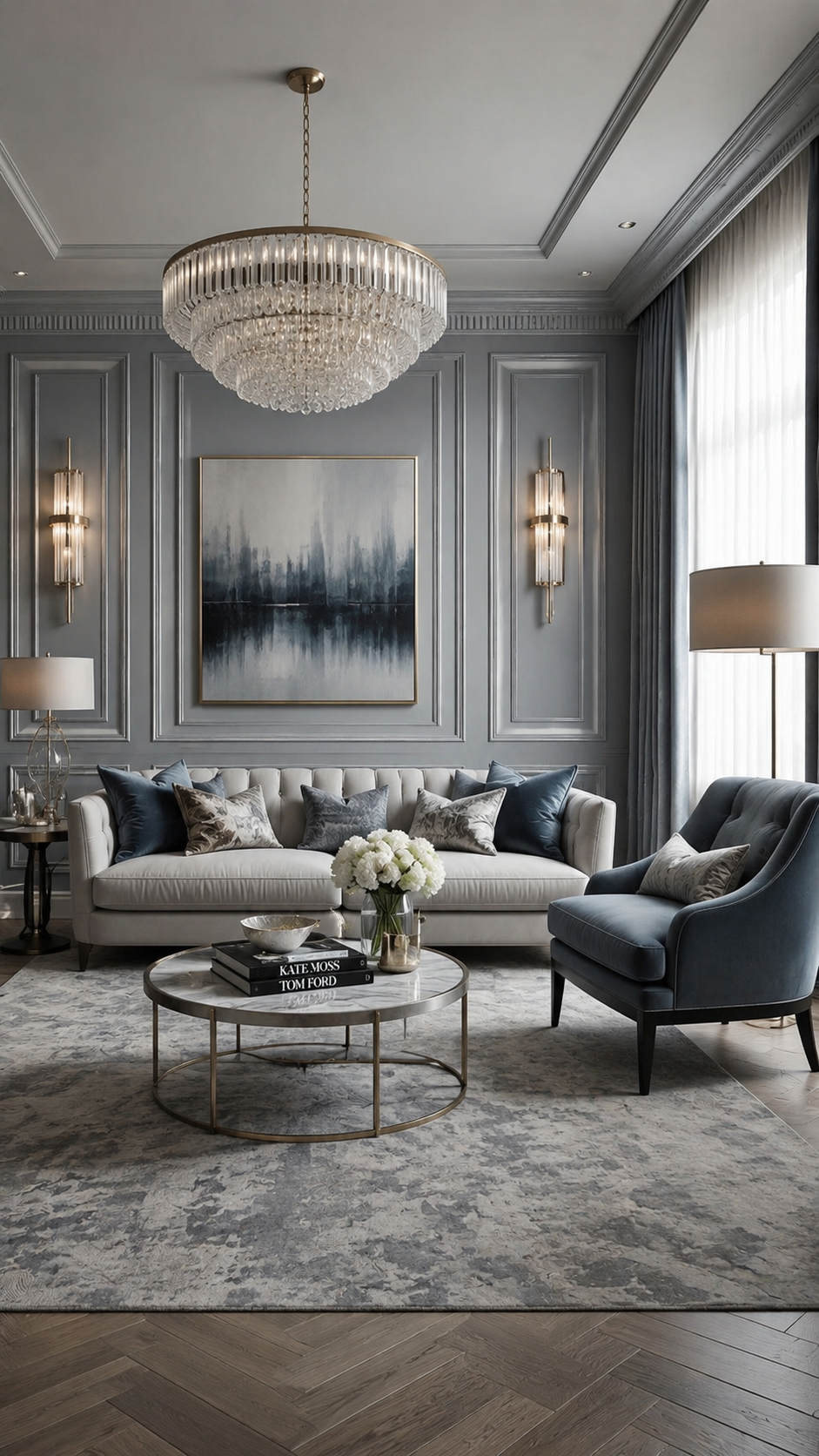 Glam living room ideas with gray wall paneling, cream tufted sofa, crystal chandelier, marble coffee table, blue accent chair, and luxury decor