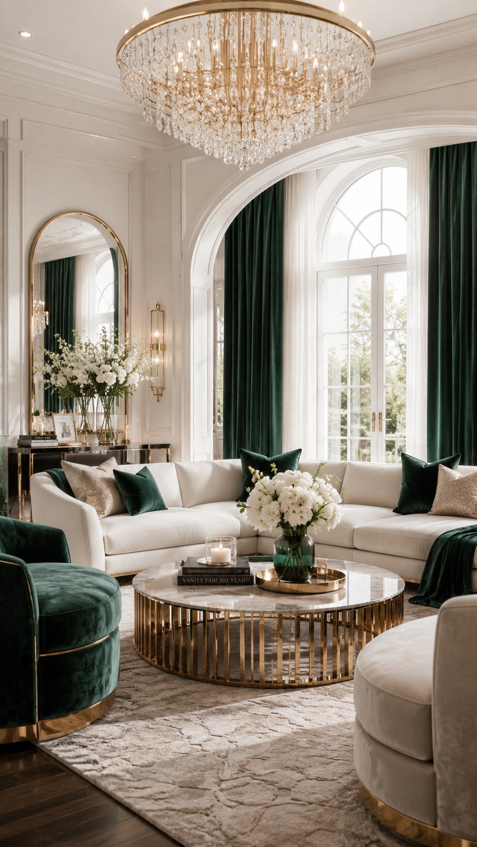 Cream and emerald green glam living room with white sectional sofa, green velvet pillows, crystal chandelier, gold accents, and marble coffee table