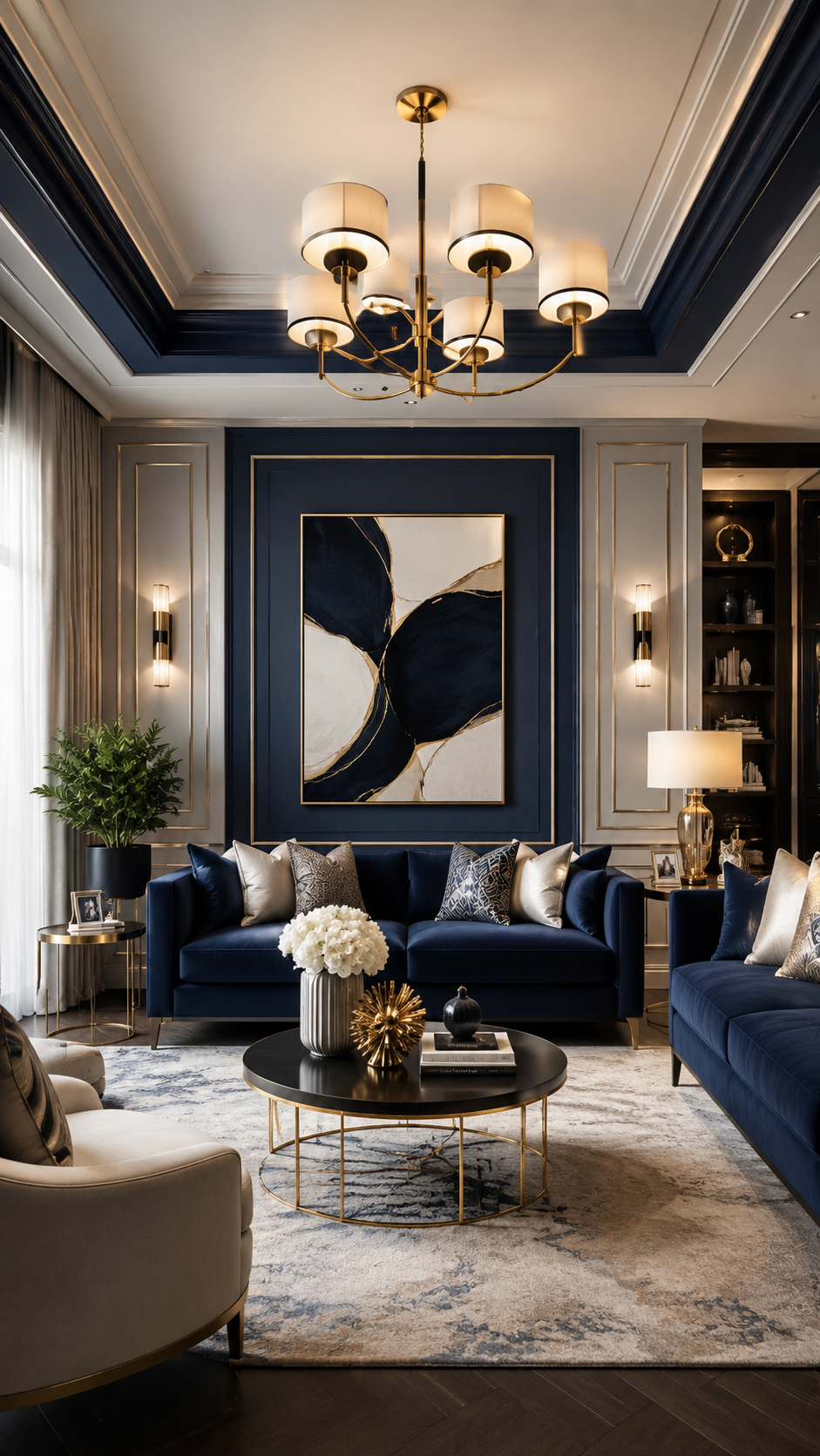 Navy and gold glam living room with blue velvet sofa, navy feature wall, gold trim, chandelier, black coffee table, and patterned rug