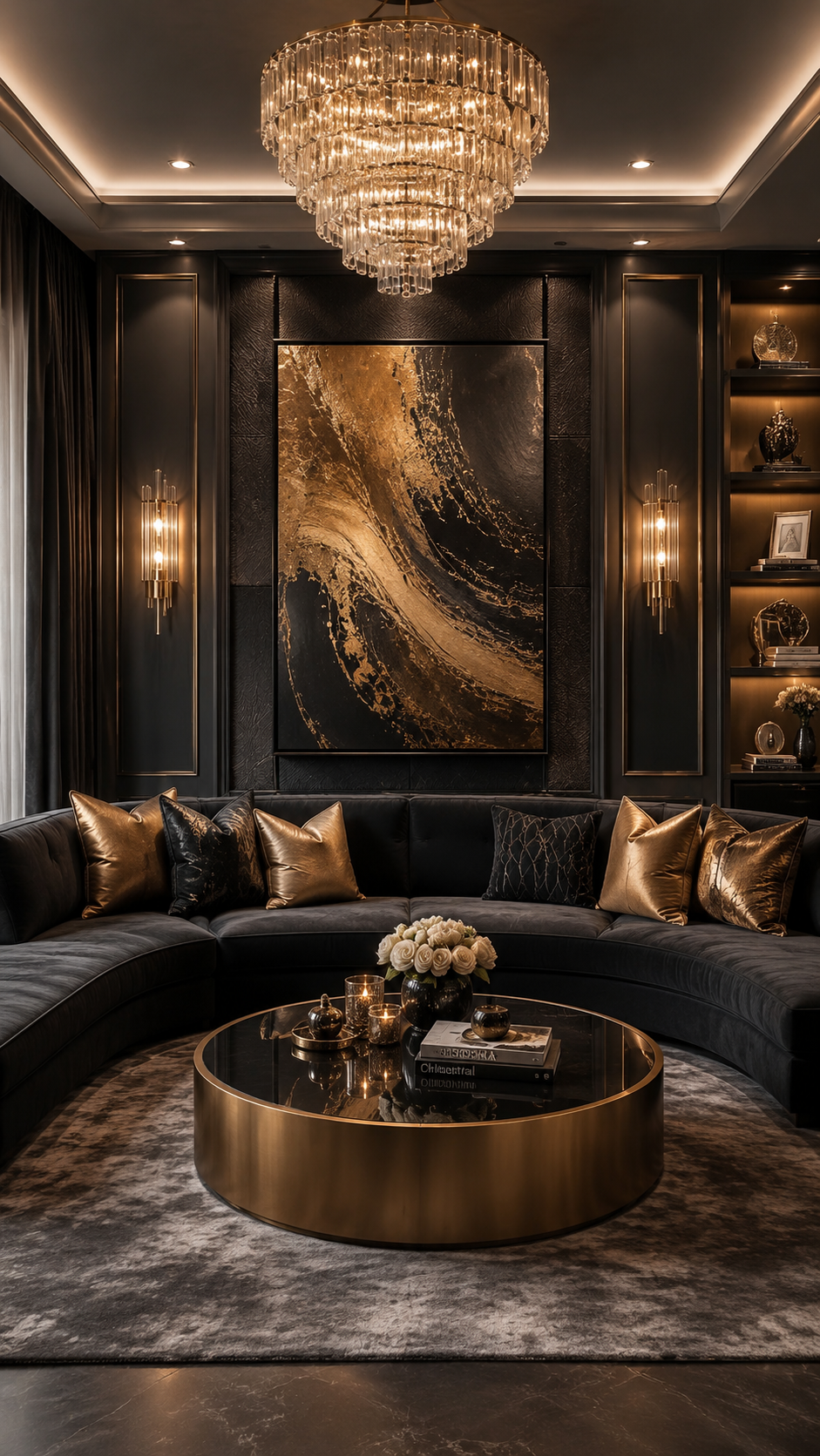 Black and gold glam living room with curved sectional sofa, crystal chandelier, round coffee table, gold trim wall panels, and dark luxury decor