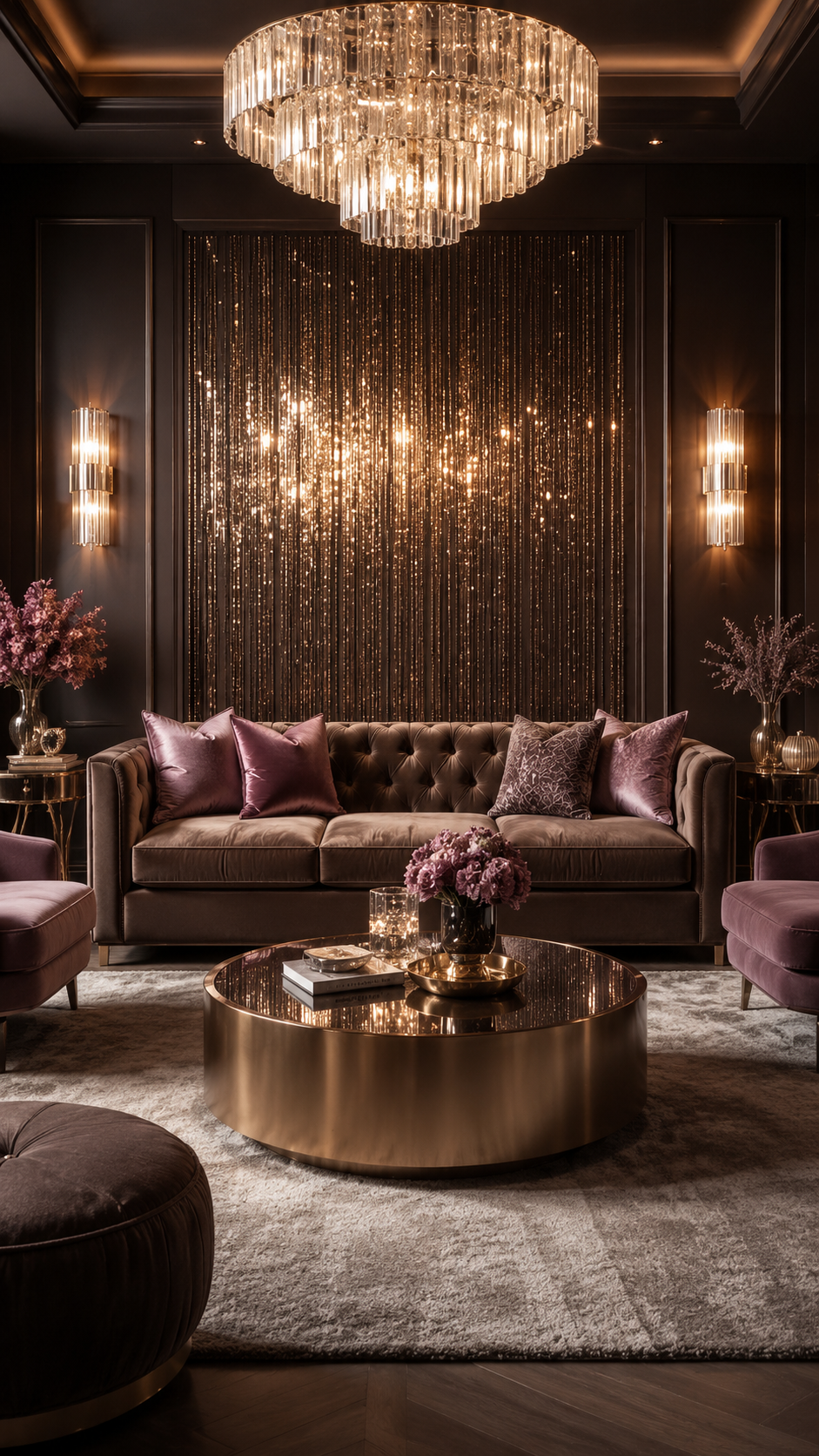 Moody glam living room with taupe tufted sofa, purple accent chairs, crystal chandelier, gold coffee table, sparkling wall panel, and mauve pillows