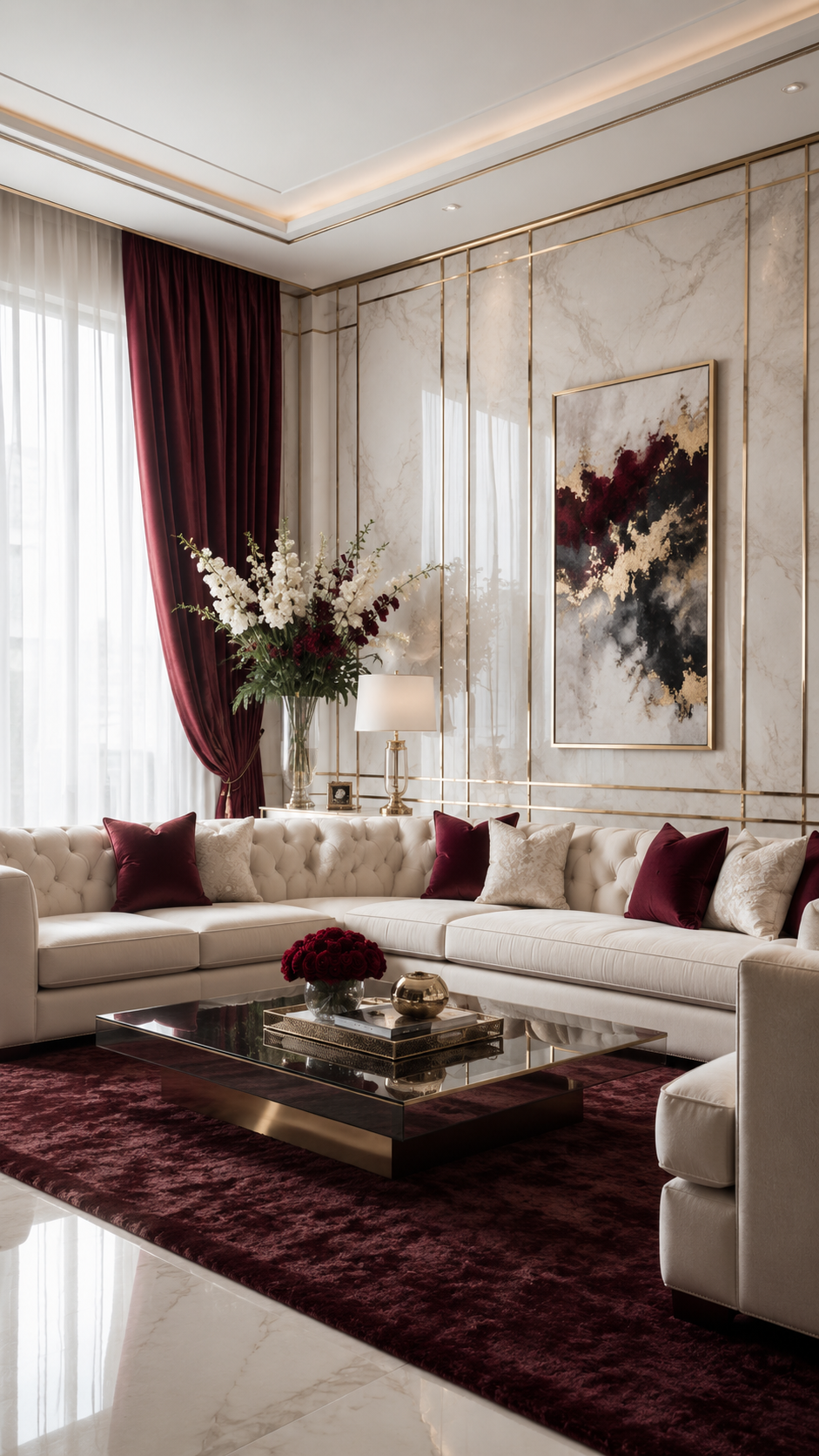 Burgundy glam living room with cream tufted sectional sofa, marble wall panels, burgundy curtains, glass coffee table, and red floral decor