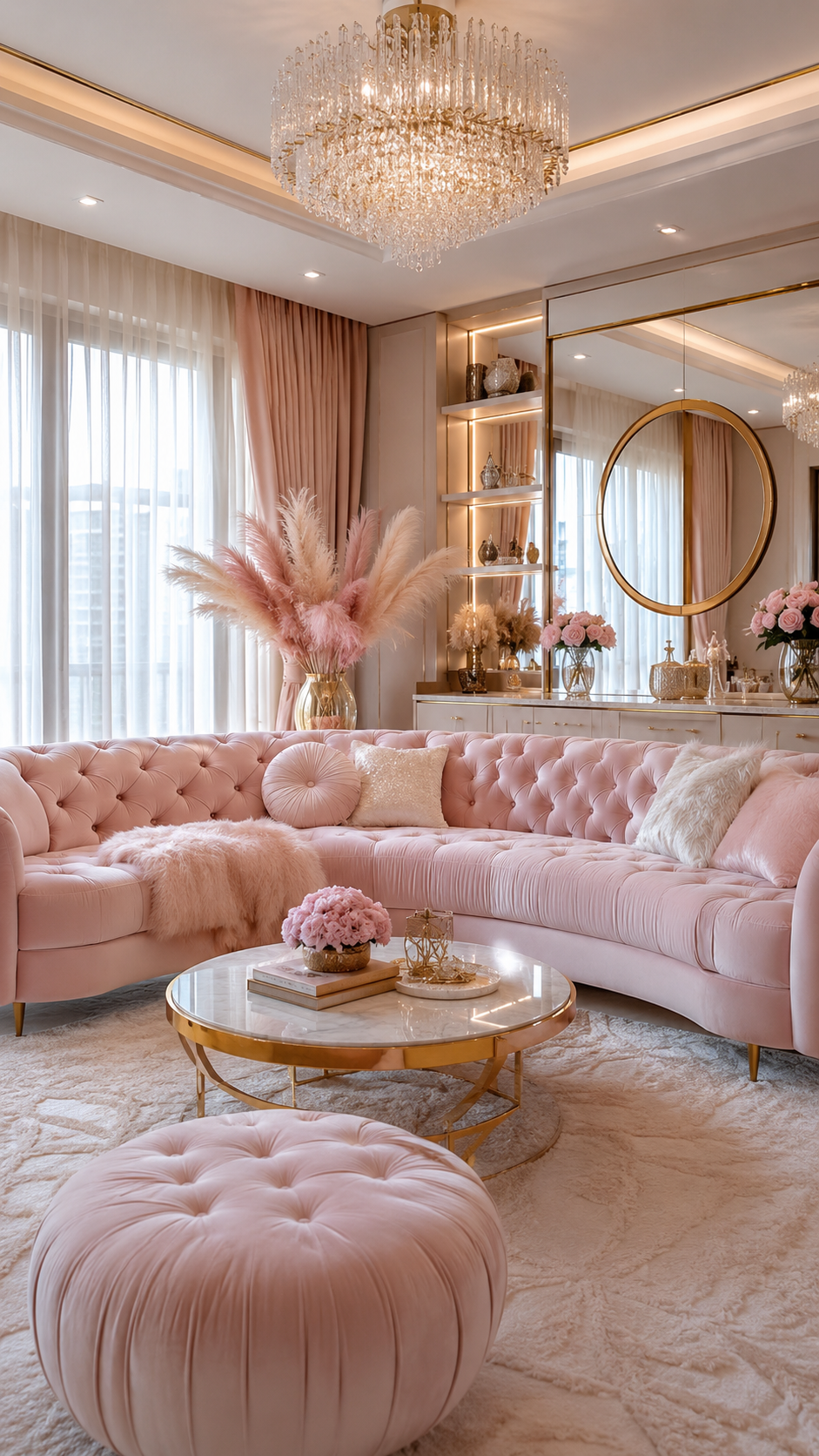 Pink glam living room with blush tufted sofa, crystal chandelier, marble coffee table, gold mirror, mirrored wall, and feminine luxury decor