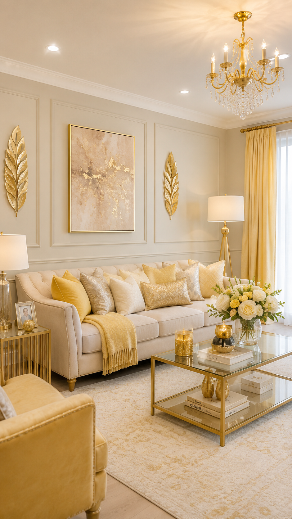 Cream and yellow glam living room with beige sofa, gold accents, yellow curtains, glass coffee table, floral centerpiece, and chandelier