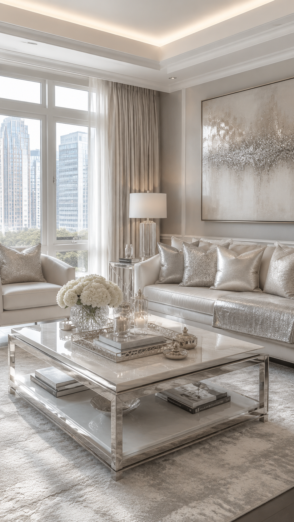 Silver glam living room with cream sofa, metallic pillows, acrylic glass coffee table, abstract wall art, white flowers, and city windows