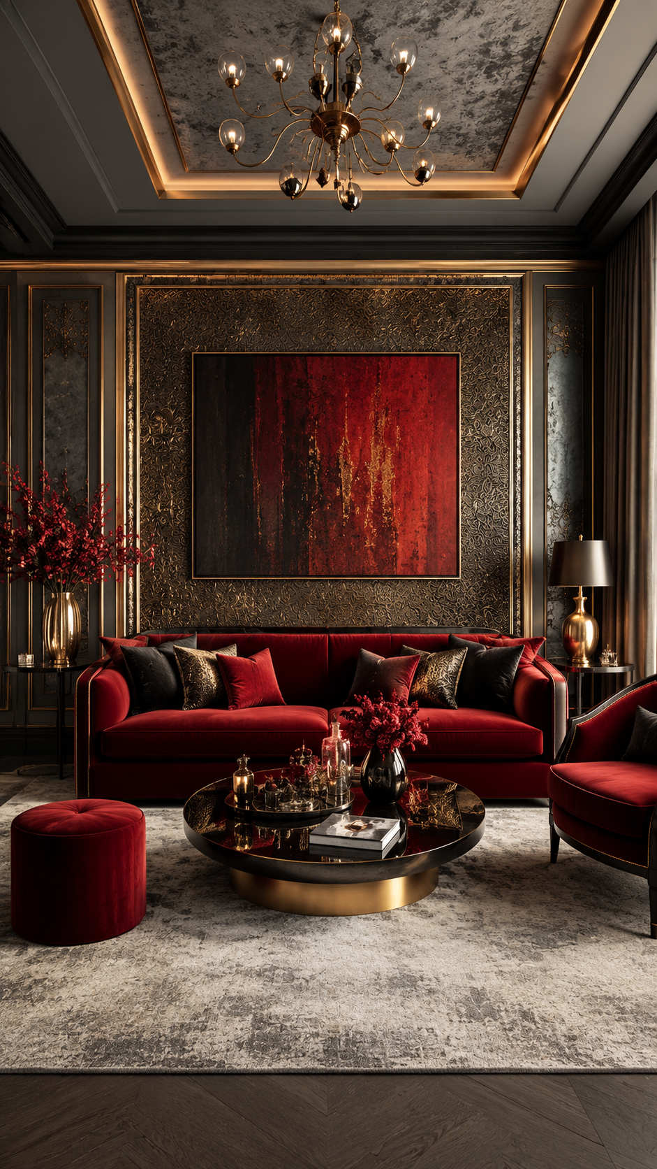 Red and black glam living room with red velvet sofa, black wall panels, gold accents, chandelier, black coffee table, and dramatic decor