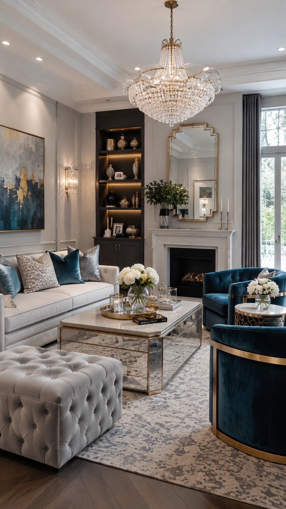 Ivory and teal glam living room with cream sofa, teal chairs, mirrored coffee table, crystal chandelier, fireplace, gold mirror, and elegant decor