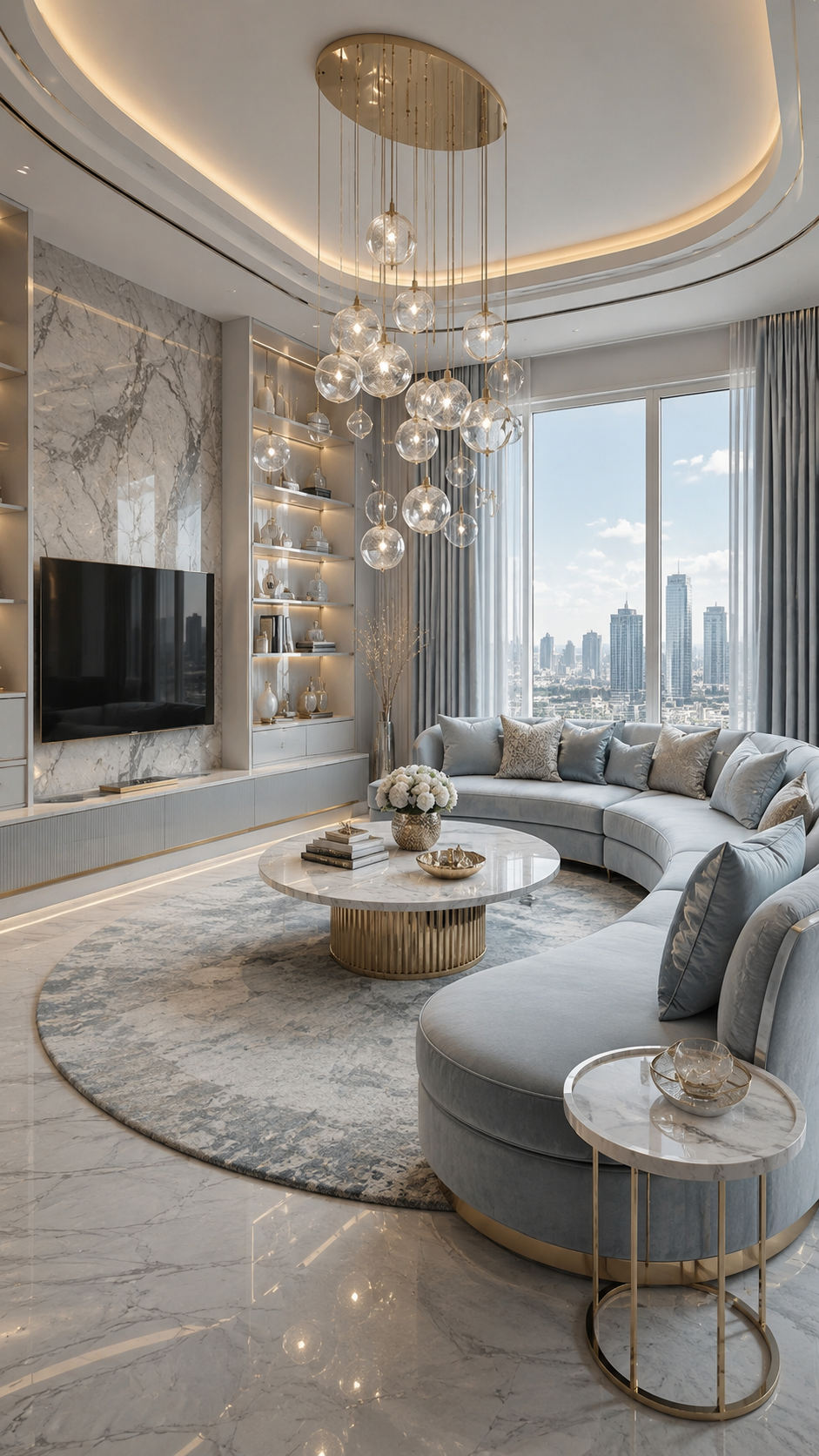 High-rise glam living room with gray curved sectional, glass globe chandelier, marble TV wall, gold coffee table, city windows, and modern luxury decor