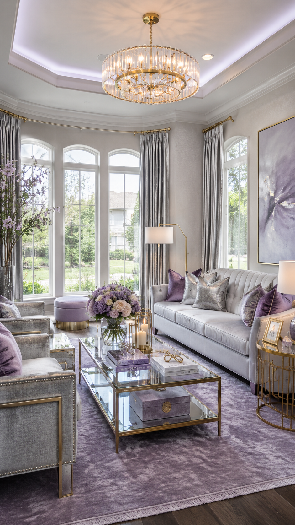 Lavender glam living room with gray tufted sofa, lavender rug, glass coffee table, crystal chandelier, gold accents, and arched windows