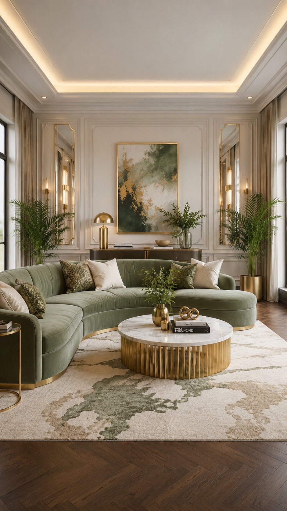 Sage green glam living room with curved velvet sofa, marble coffee table, gold mirrors, wall molding, indoor plants, and soft rug
