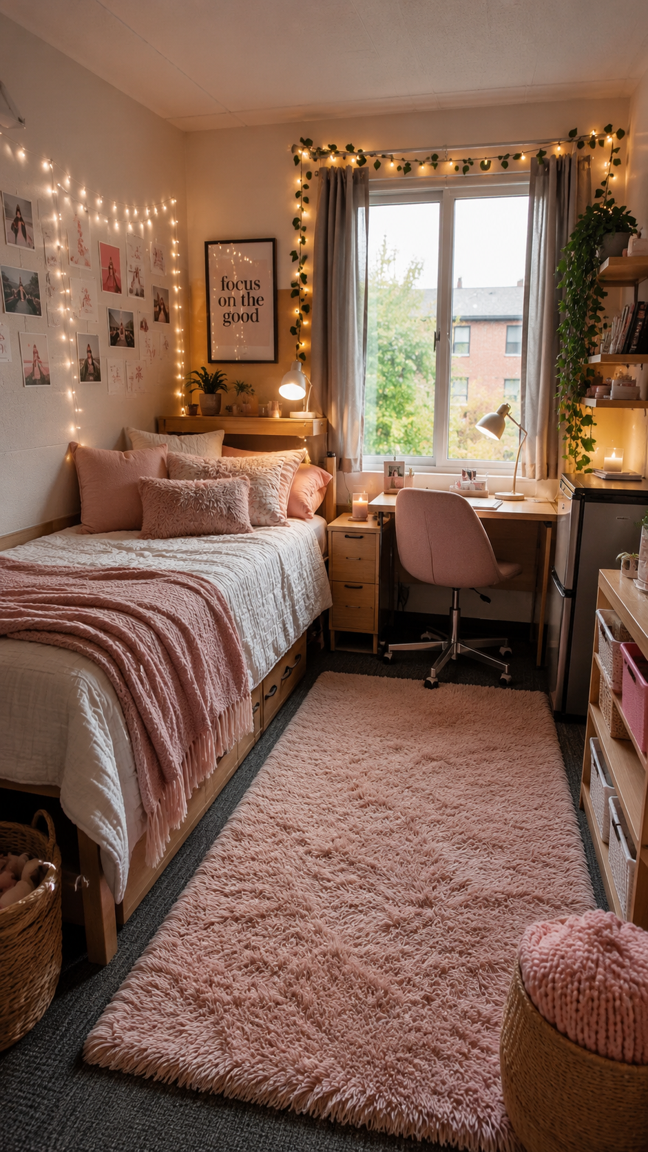 Pink dorm room ideas with blush bedding, fairy lights, wooden furniture, cozy rug, study desk, plants, and cute college decor