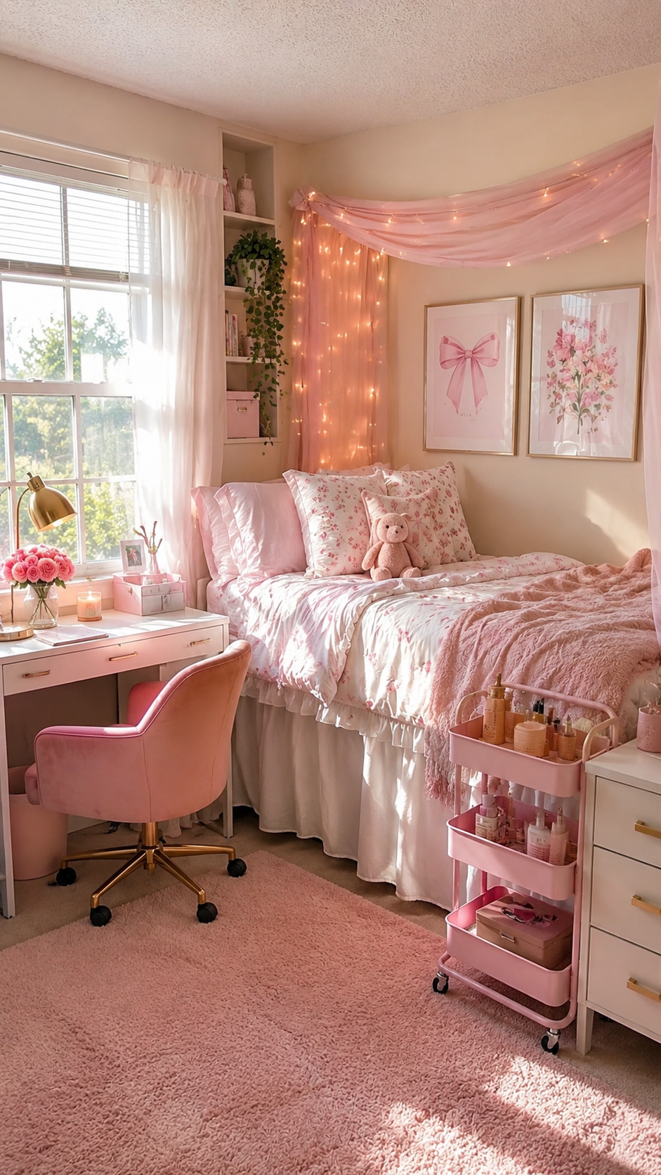 Blush pink dorm room with floral bedding, fabric canopy, fairy lights, pink chair, rolling cart, white desk, and gold accents
