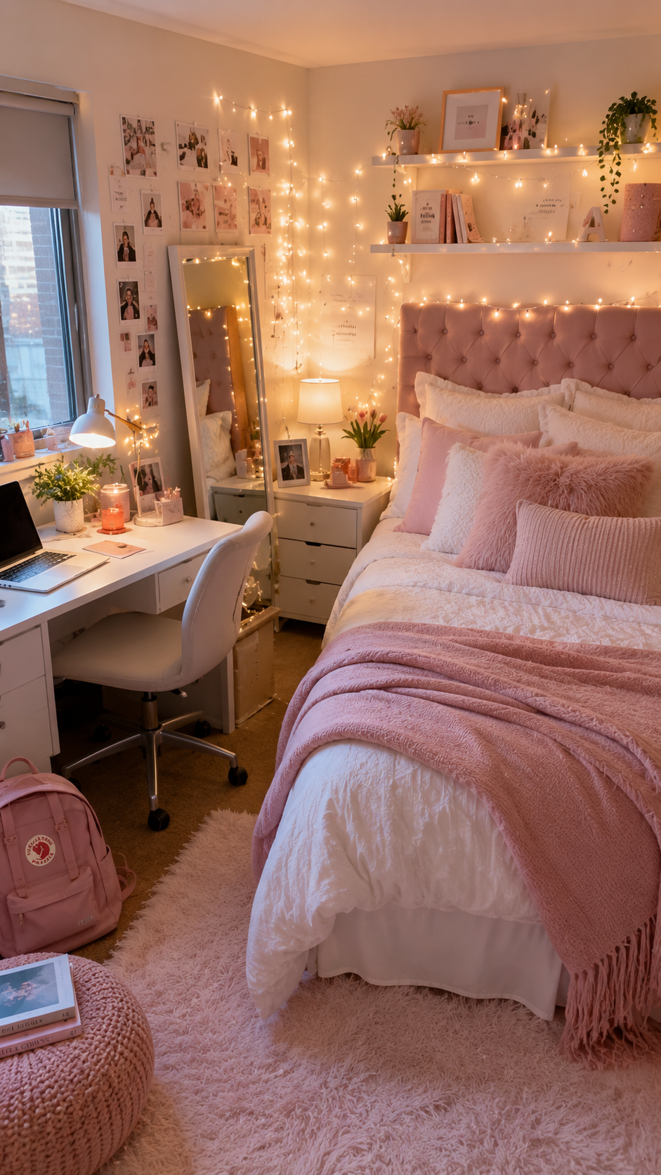 Cozy pink dorm room with tufted headboard, white bedding, fairy lights, floating shelves, study desk, mirror, pouf, and shag rug