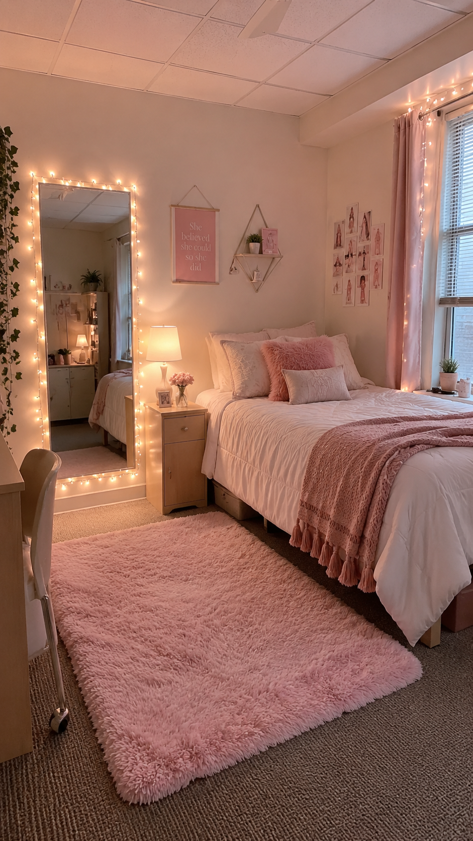 Simple pink dorm room with white bedding, pink tassel throw, shag rug, mirror with fairy lights, photo collage, plants, and bedside table