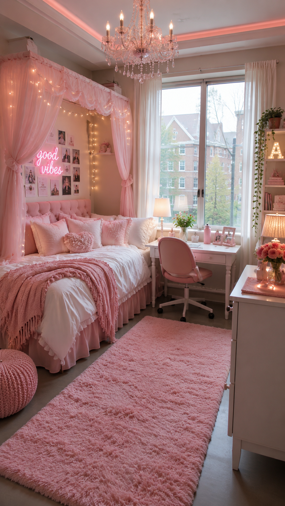 Pink dorm room with canopy fabric, good vibes neon sign, fairy lights, crystal chandelier, study desk, shelving, pink rug, and plants